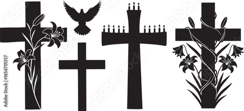 Vector Collection of Religious Christian Crosses with Flowers and Dove Silhouette