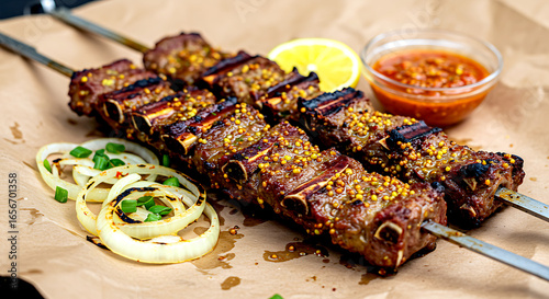 Senegal – Dibi (Grilled Marinated Lamb). Senegalese dibi - grilled lamb chops and ribs on a skewer, marinated with mustard and lemon