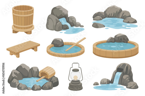 Collection of japanese onsen and hot spring elements