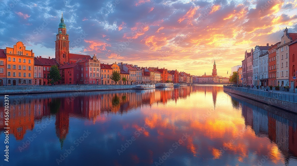 Fototapeta premium Colorful European cityscape at sunset reflecting in still river