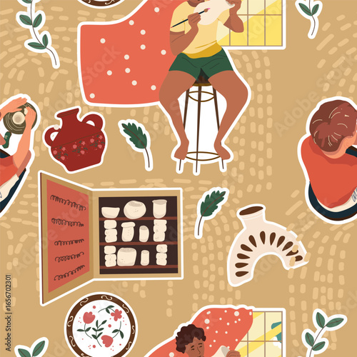 Pottery seamless pattern. Modern vases, people characters, plates, ceramic clay. Handmade, DIY, hobby, handcraft workshop. hand drawn style vector surface for textile, paper, web page background.