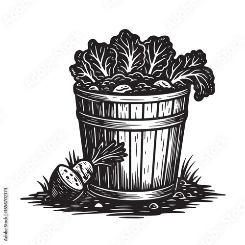 Rustic illustration of a wooden barrel filled with lettuce and a carrot harvested fresh