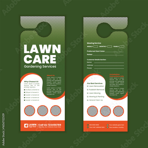  Lawn mowing and gardening, yard care, door hanger template, grass cutting, and Lawn Maintenance door hanger template layout