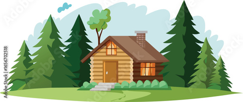 A cartoon house nestled in a forest, surrounded by tall trees and lush green grass.
