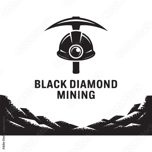 Vector art of black diamond mining logo featuring a miners helmet and pickaxe