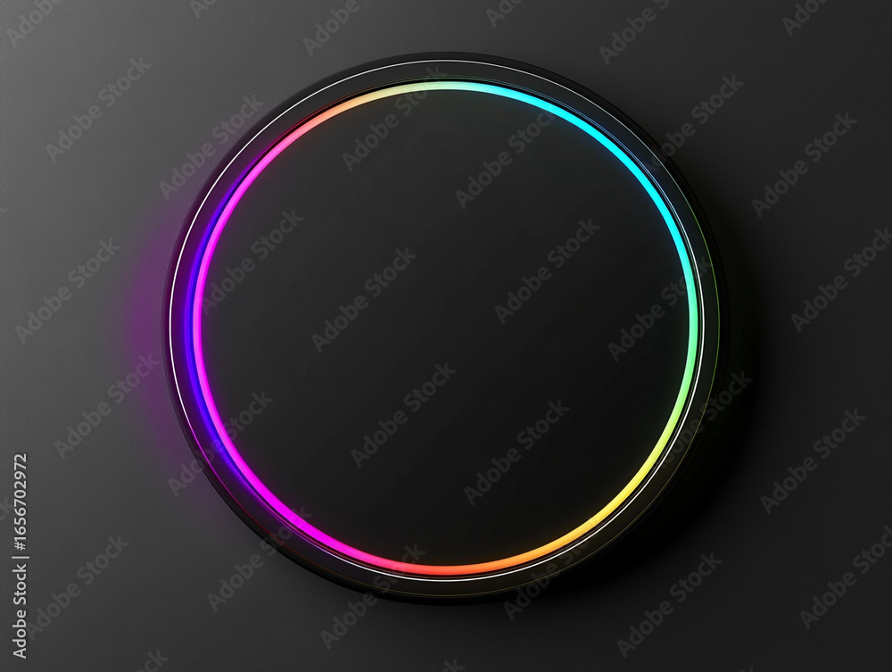 A futuristic black circular frame glows with vibrant pink and blue neon lights, casting a reflection on the dark surface below. This creates a mesmerizing, abstract design. A futuristic black circular frame glows with vibrant pink and blue neon lights, casting a reflection on the dark surface below. This creates a mesmerizing, abstract design.
