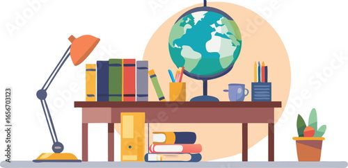 Vector illustration of a school desk with books, a globe, and a lamp, showcasing a study environment.