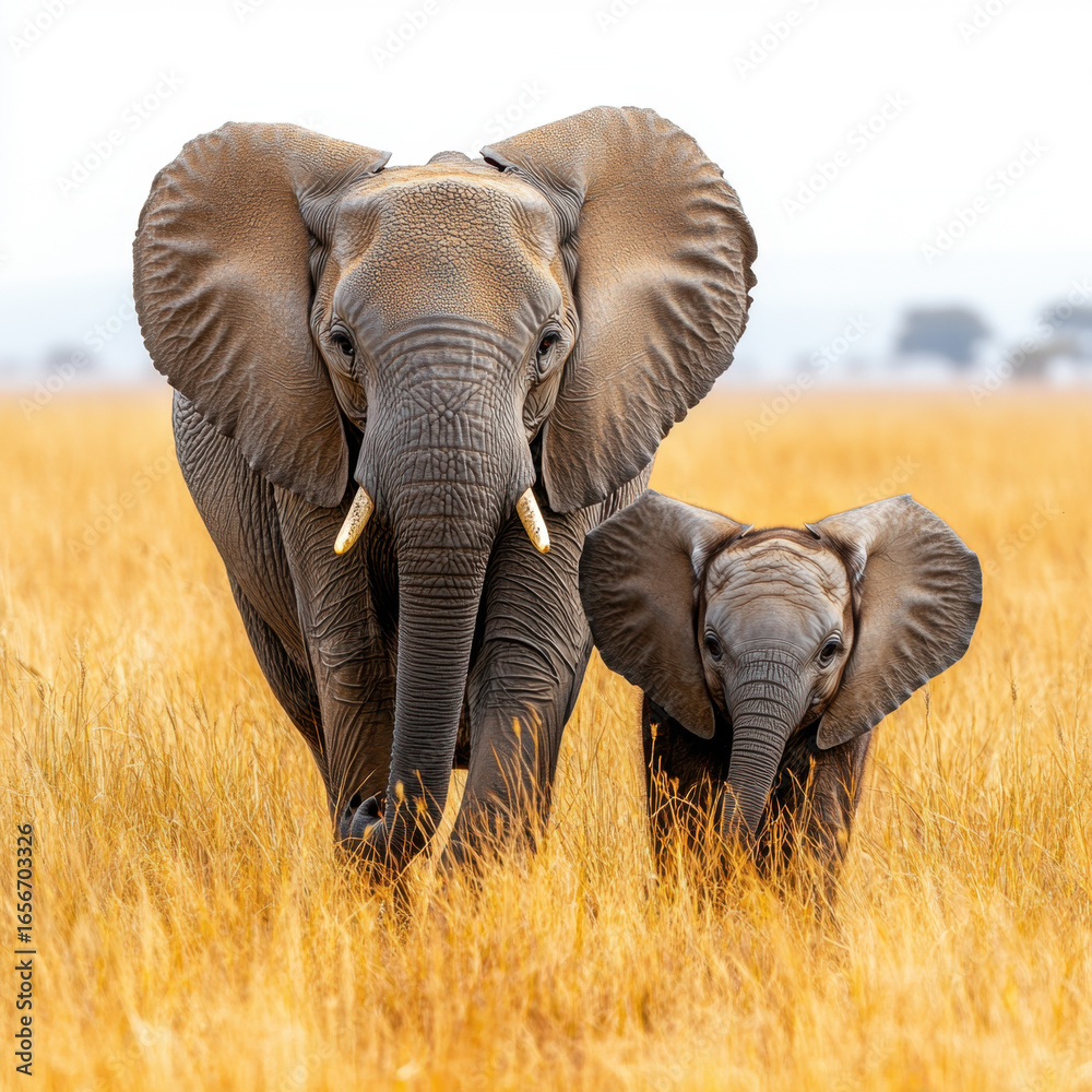 Fototapeta premium elephants grazing in tall grass.