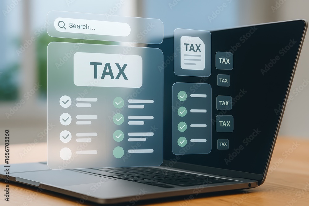 A modern laptop display shows an interface with tax-related icons and documents, overlaid on a light-gray background. A modern laptop display shows an interface with tax-related icons and documents, overlaid on a light-gray background.