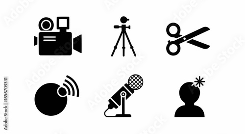 Black silhouette icons of video camera, tripod, microphone, broadcast signal, scissors editing, and creative media production tools for communication and content design