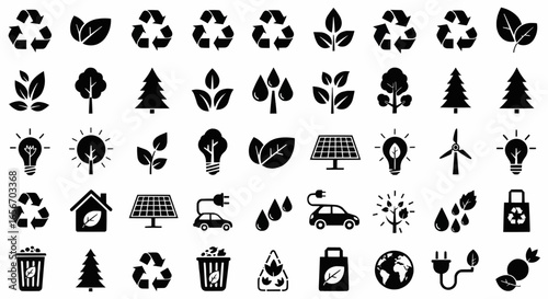 Black silhouette icons of recycling, renewable energy, solar panels, electric cars, eco-friendly lifestyle, and environmental sustainability for green design projects