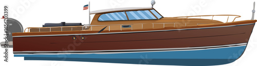 A wooden boat resting on a plain white background, showcasing its natural texture and craftsmanship.
