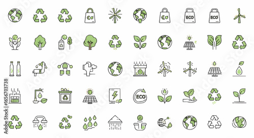 Green outline and flat colorful icons of trees, plants, leaves, and gardening elements symbolizing sustainability, eco lifestyle, and natural conservation