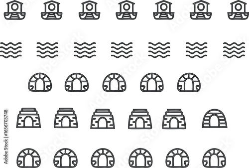 Igloo and hut line drawing with waves illustration, simple minimal design for coloring, winter art, architecture, and nature lovers