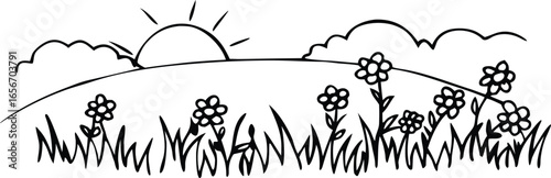 Beautiful sunrise landscape line drawing with flowers, grass, hills, and clouds illustration for coloring, art, design, and nature lovers