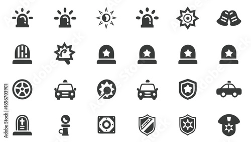 Police icons set – law enforcement symbols, security signs, patrol car badges, siren lights, shield emblems, cop officer vector collection