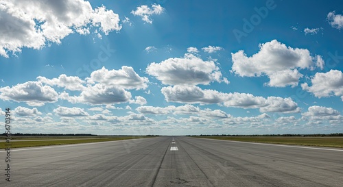 Vast airport runway stretches toward horizon under a bright blue sky filled with fluffy white clouds promising clear travels and open opportunities ahead