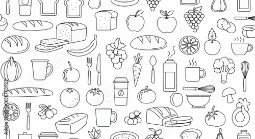 Seamless outline pattern of groceries and food items including bread, vegetables, fruits, and packaged goods for healthy nutrition and culinary design projects