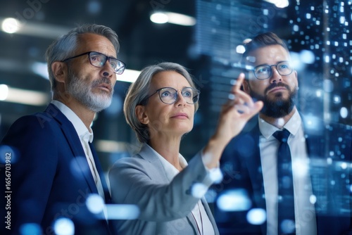 A group of three professionals analyze digital data, showcasing collaboration and engagement in a high-tech environment.