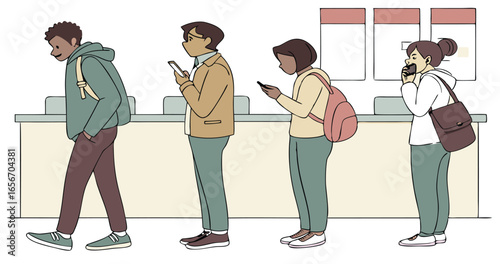 Diverse group of five people standing together in a line
