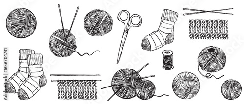 Knitting yarn balls, needles, hand made socks, scissors in black brush stroke texture isolated on white. Hand drawn vector sketch illustration in vintage charcoal ink. Hand made clothes, craft.