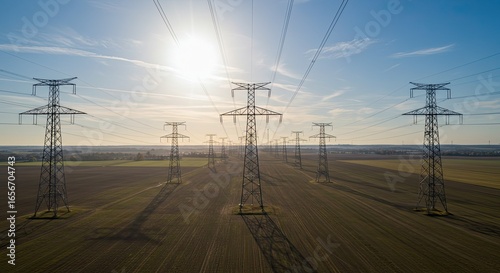 Majestic electrical pylons march across a vast, sun-drenched field under a clear blue sky, casting long, dramatic shadows that highlight the power infrastructure's enduring strength and scale.