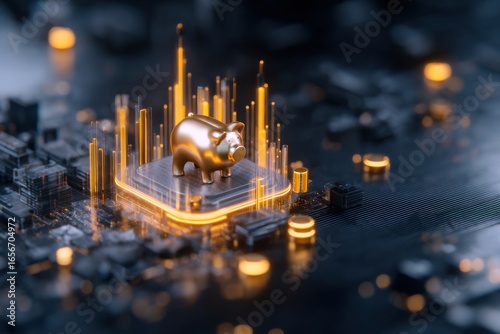A digital piggy bank sits on a high-tech circuit board, symbolizing modern finance and savings amidst a backdrop of glowing data spikes.