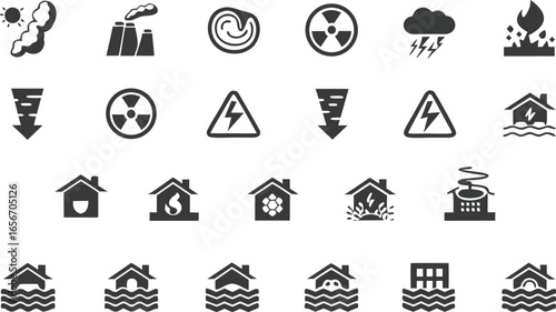 Natural Disaster Hazard Icons Set | Flood, Earthquake, Fire, Radiation, Storm, Tsunami, House Damage, Energy Risk, Climate Danger Signs