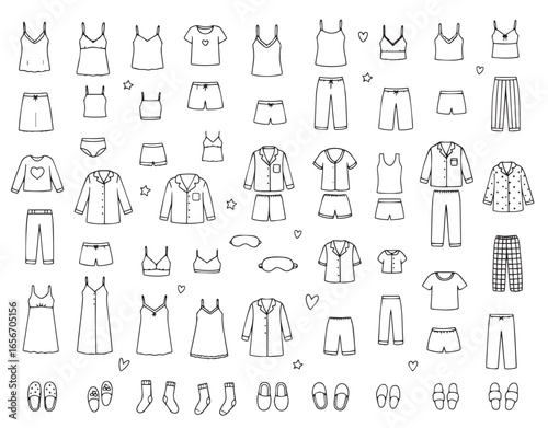 Vector illustration showcasing a collection of diverse sleepwear outfits in minimalistic black and white style. Includes pajamas, nightgowns, slippers, and accessories. 