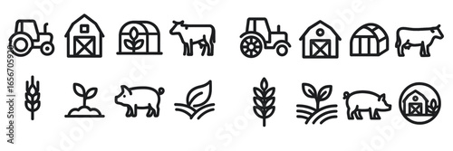 Agricultural icons representing farming activities and livestock in a minimalistic style