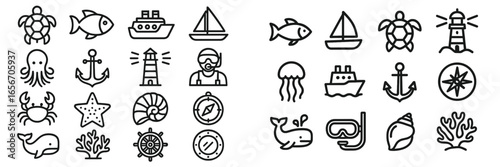 Collection of marine-themed icons illustrating diverse sea life and nautical elements for creative projects and designs