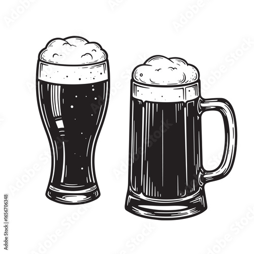 Vintage engraved illustration of two filled beer glasses with frothy beer foam