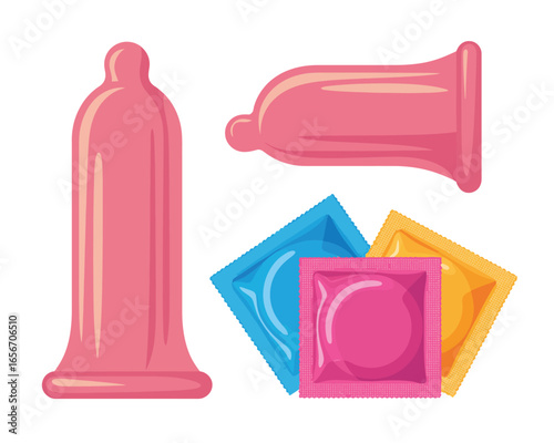 Pink condom and wrapped condoms in colorful packaging
