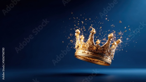 A stunning golden crown floats against a dark blue background, surrounded by sparkling particles, evoking a sense of royalty and elegance.
