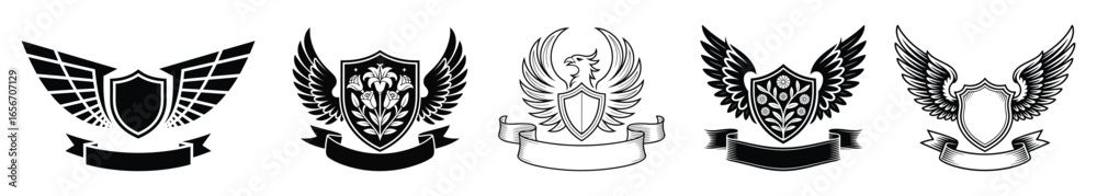 Obraz premium Collection of five black heraldic shields with wings and banners crest emblem