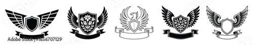 Collection of five black heraldic shields with wings and banners crest emblem