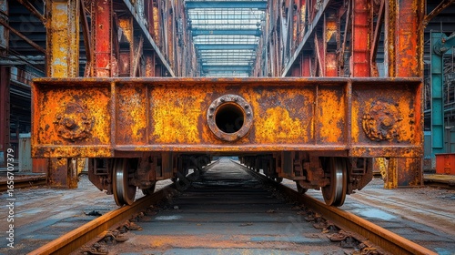 Rusty industrial train car in a warehouse