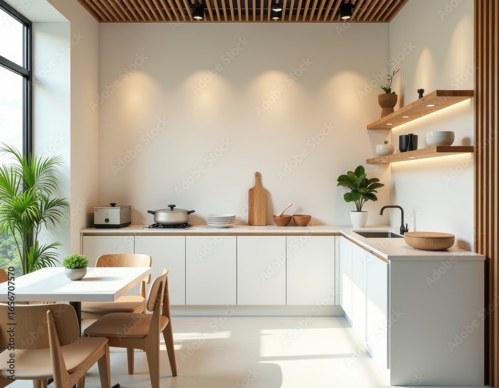 Fototapeta premium Bright Modern Minimalist Kitchen Interior with Dining Area and Wood Accents
