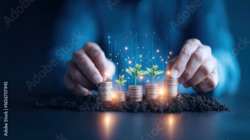 A pair of hands nurture growing plants among coins, symbolizing investment and growth in both nature and finance.