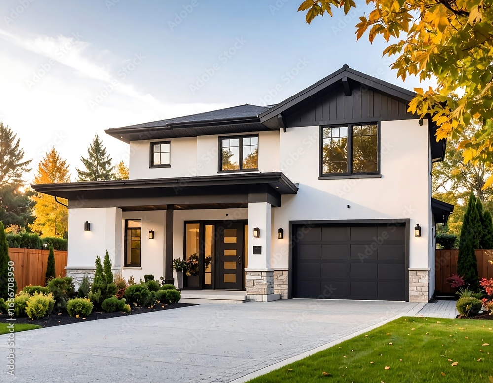 Obraz premium Modern White House with Autumn Landscape.