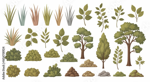 Collection of green trees, bushes, and garden plants in natural landscape elements for eco design, gardening, and environmental vector illustration.