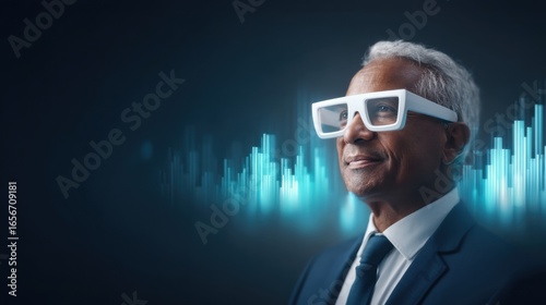 A stylish individual with futuristic glasses gazes confidently, surrounded by a blue, digital soundwave backdrop.