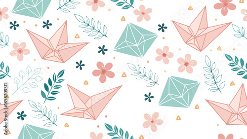 Floral and Geometric Pattern with Origami Cranes and Flowers