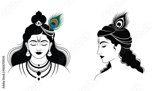 Stylized Black and White Portraits of Lord Krishna with Peacock Feather Hindu god deity