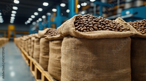 Rows of burlap sacks filled with coffee beans in a large warehouse