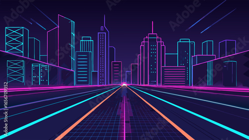 Futuristic Cityscape with Neon Road and Buildings in Perspective