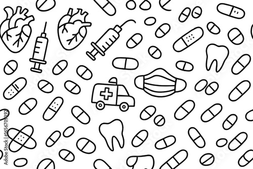 Medical symbols and items arranged in a creative pattern highlighting healthcare and medicine