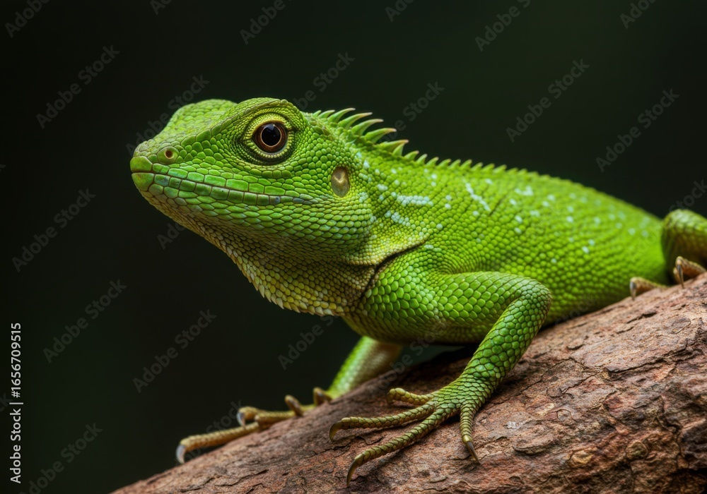 Fototapeta premium Green crested lizard resting on a branch close up portrait
