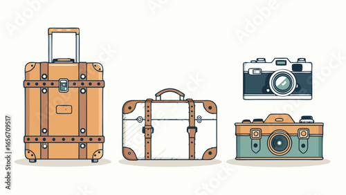 Illustrated Travel Essentials Suitcases and Vintage Cameras for Journeys