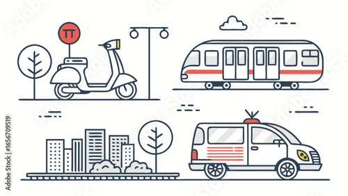 Illustrated Transportation and Urban Elements in Minimalist Style